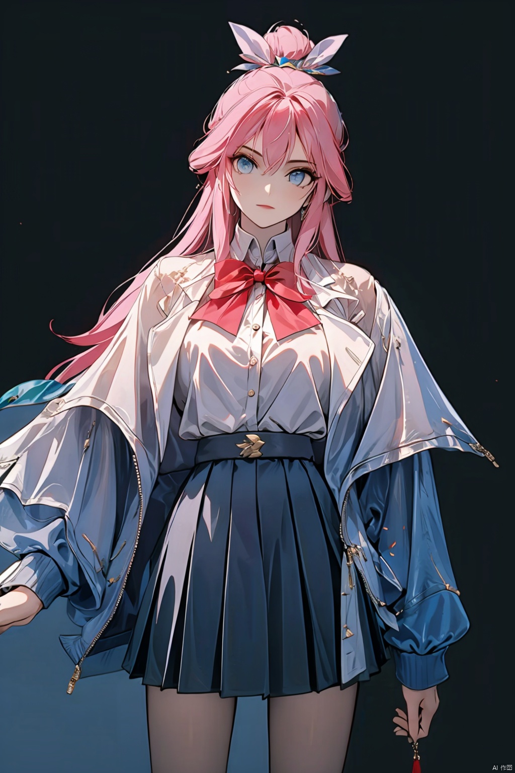  Long hair, light blue hair, pink streaks of hair, space bun hairstyle, flower hairpin, blue eyes, long-sleeve, button-up white shirt, a gray jacket with blue-green stripes, a red bow, dark blue-green pleated skirt, school background, add_detail:1, add_detail:0, add_detail:0.5