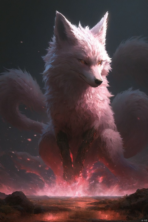  dynamic angle, wide shot, ((Pink light:1.2)), mature female, light pink hair, red crimson eyes, fox ears, red fox tails, ((night:1.2)), cowboy shot, ((red and pink atmosphere:1.0)), glowing fox tails, ((9 tails:1.2)), red body glow, beautiful face, masterpiece, best quality, extremely detailed cg unity 8k wallpaper, high-quality, ultra-detailed, depth of field, illustration, beautiful detailed wallpaper, accurate anatomy to hands and fingers, mksks, Art Style 2.0, starrystarscloudcolorful, lora:more_details:0.5