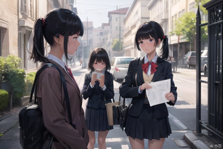(3 girls), Junior high school girls, standing side by side, all crying, ((crying, crying hard)), after graduation ceremony, (tears, runny nose, bright red face), crumpled face, uniform, blazer and ribbon, from chest up, short bob with black hair, brown ponytail, twin-tail black hair, ((holding tube with diploma in holding a tube with a diploma in it)), ) 
 BREAK, . 
 (masterpiece), elaborate illustration, rich saturation, sharp contrast, in front of school gate, blurred background
