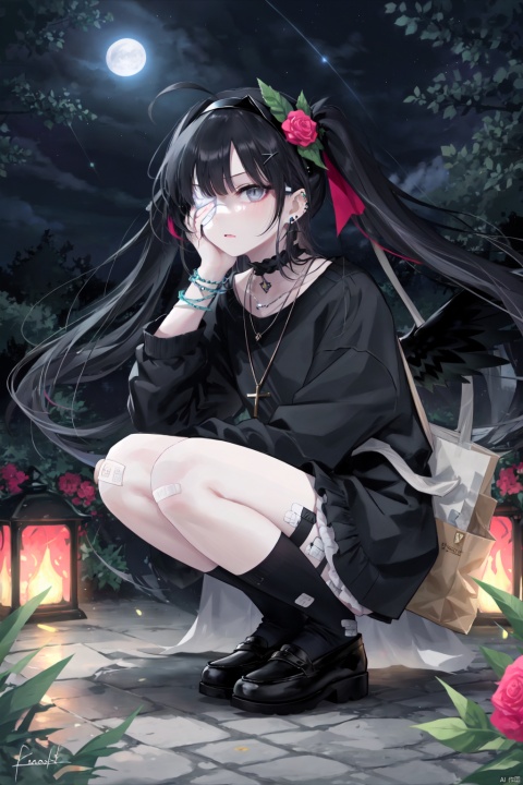  1girl, bandaid, solo, black hair, bandaid on leg, sleeves past wrists, long hair, multicolored hair, holding, bangs, socks, hair ornament, black footwear, squatting, blue hair, loose socks, black socks, looking at viewer, full body, long sleeves, jewelry, grey eyes, piercing, twintails, choker, bandaid on knee, graffiti, ear piercing, brick wall, shoes, two-tone hair, hairband, ahoge, necklace, very long hair, black shirt, bag, wings, bandaid on face, earrings, knife, shirt, x hair ornament, lolita hairband, thigh strap, signature, holding knife, frills, closed mouth, frilled hairband, hairclip, kneehighs, cross, black hairband，mature female, perfect hands, pink hair, ((black blindfold:1.2)), stargazing, pink forest, thorns, glowing lights, ((night:1.2)), ((windy:1.0)), sky, trees, flowers, glowing flowers, stars, Bloody tears, starrystarscloudcolorful