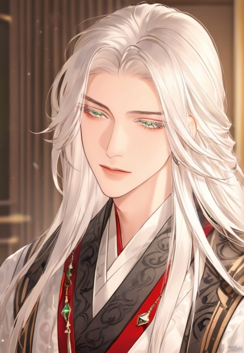  (best quality), ((masterpiece)), (highres), illustration, original, extremely detailed,yuan,1boy, male focus, solo, long hair, green eyes, white hair, bishounen, portrait