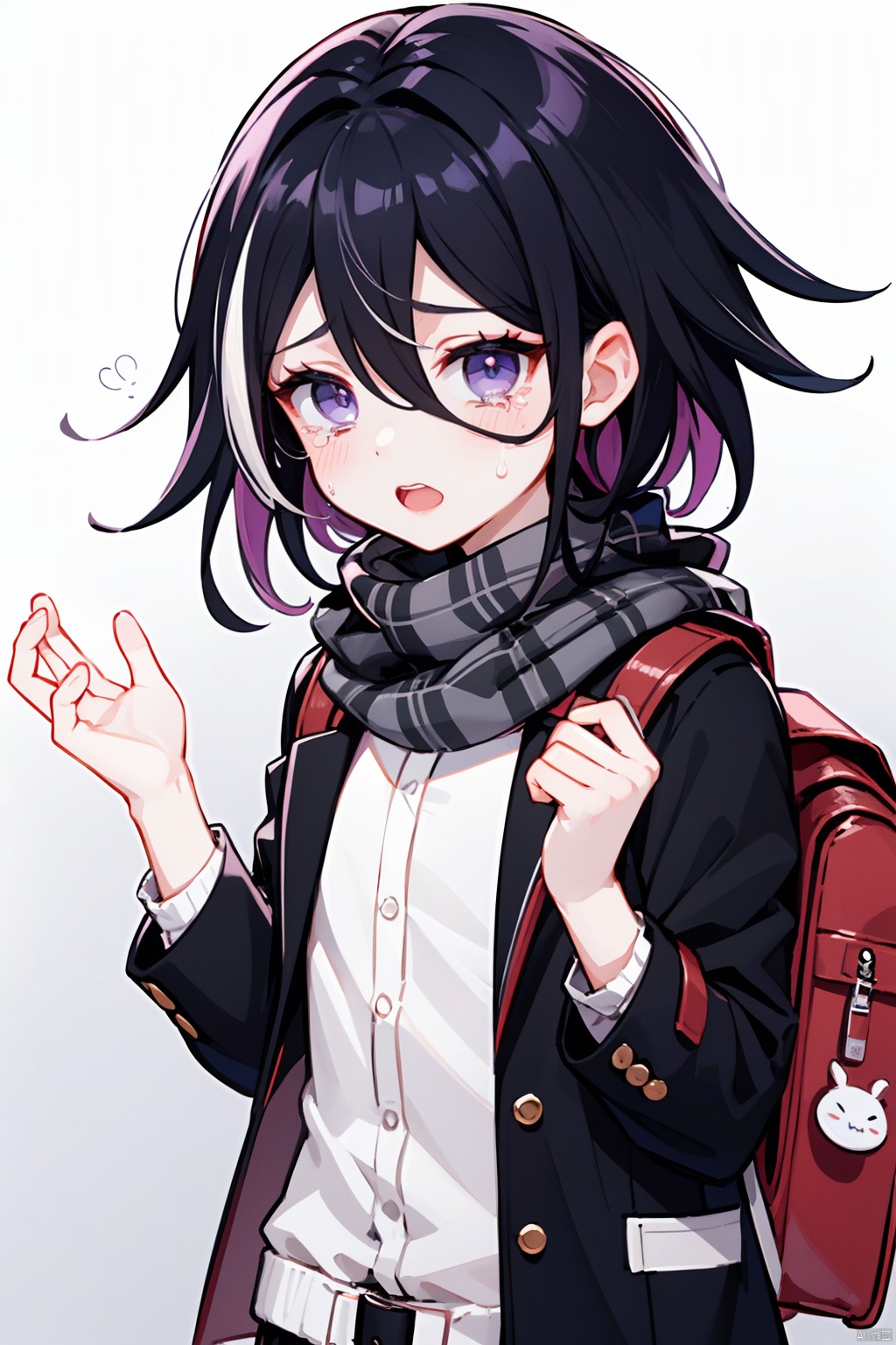 1boy, backpack, bag, black_hair, brown_bag, checkered_clothes, checkered_scarf, clenched_hands, crying, danganronpa_(series), danganronpa_v3_killing_harmony, flipped_hair, grey_jacket, hands_up, highres, jacket, kuchi_~ie, multicolored_hair, oma_kokichi, purple_eyes, reference_request, scarf, solo, sweat, tears, teeth, translation_request, two-tone_hair, autoappealing, autoappealingdb, best quality, masterpiece, nai3