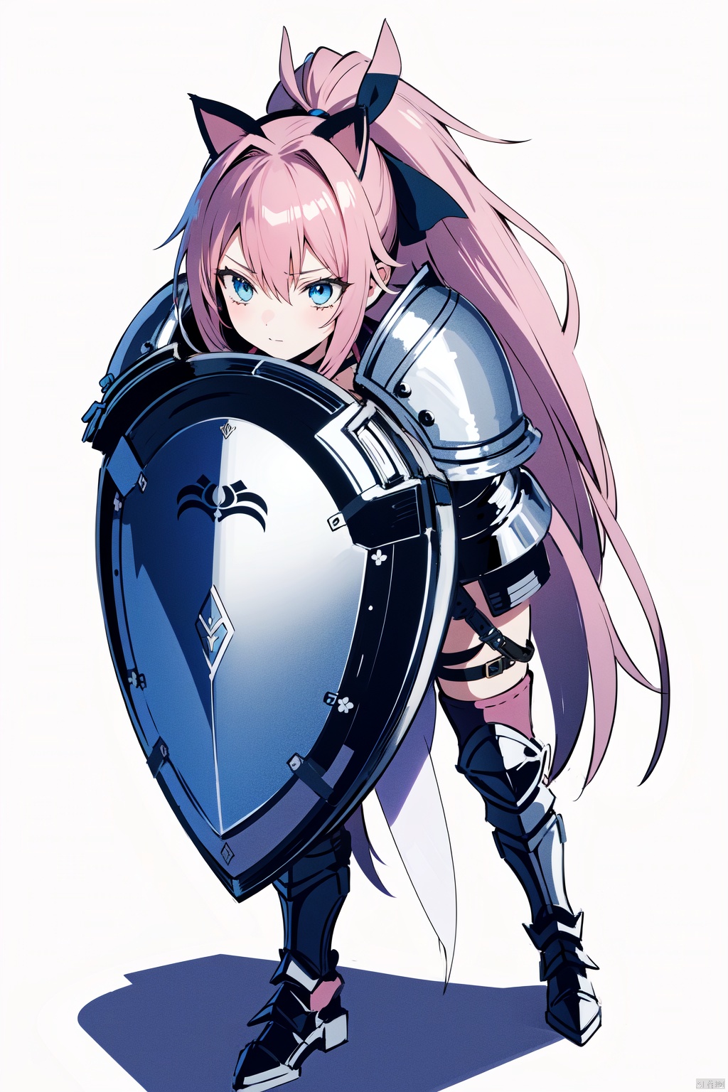 a female anime style character wearing armor holding a sword and shield and standing holding a pink cat, 1girl, solo, thigh strap, shadow, armor, standing, fake animal ears, signum, long hair, blue eyes, hair ribbon, ponytail, pink hair