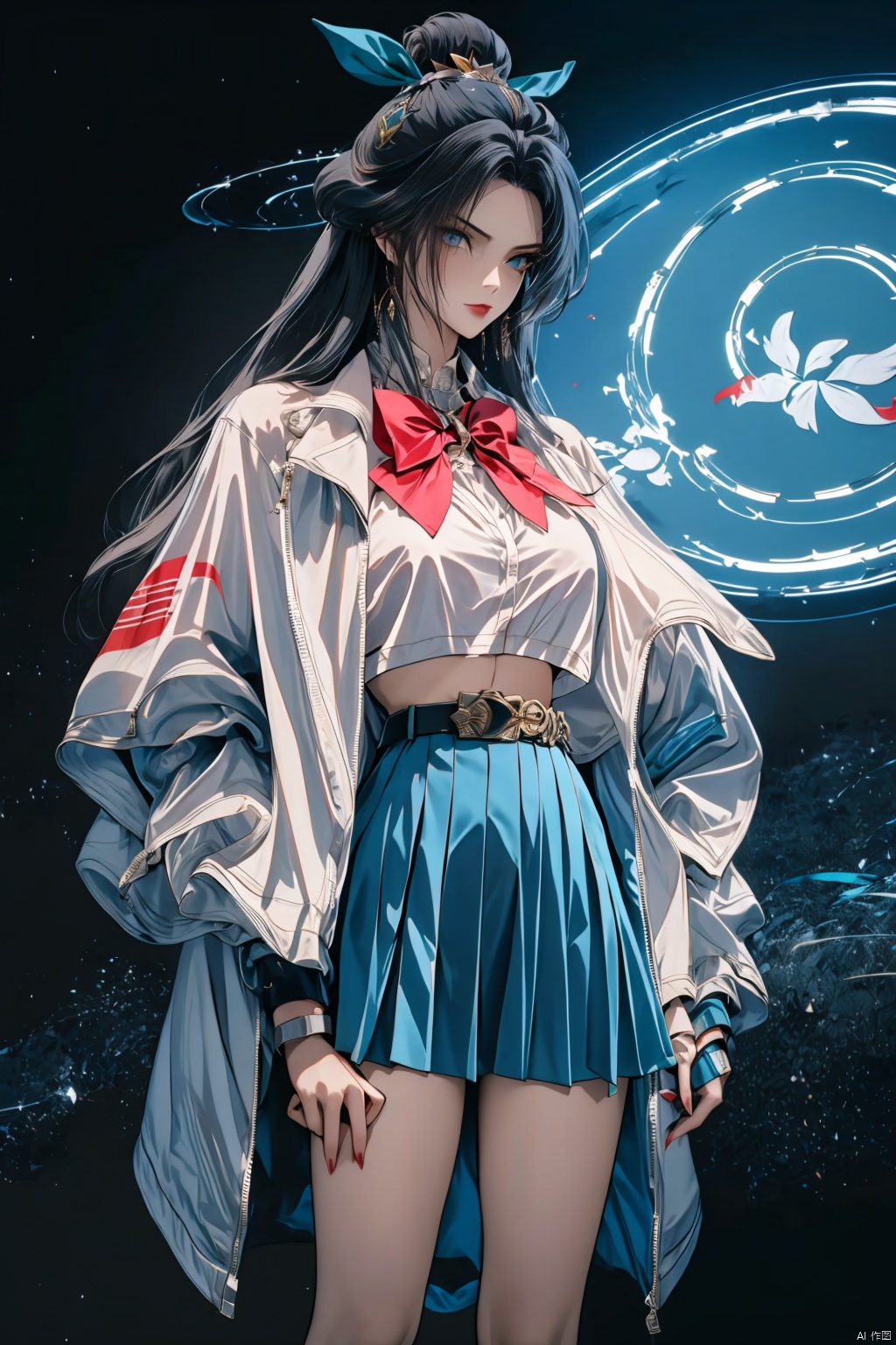  Long hair, light blue hair, pink streaks of hair, space bun hairstyle, flower hairpin, blue eyes, long-sleeve, button-up white shirt, a gray jacket with blue-green stripes, a red bow, dark blue-green pleated skirt, school background, add_detail:1, add_detail:0, add_detail:0.5， no cloth, cute girl