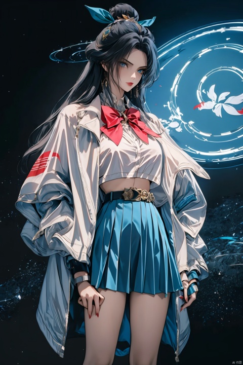  Long hair, light blue hair, pink streaks of hair, space bun hairstyle, flower hairpin, blue eyes, long-sleeve, button-up white shirt, a gray jacket with blue-green stripes, a red bow, dark blue-green pleated skirt, school background, add_detail:1, add_detail:0, add_detail:0.5， no cloth, cute girl