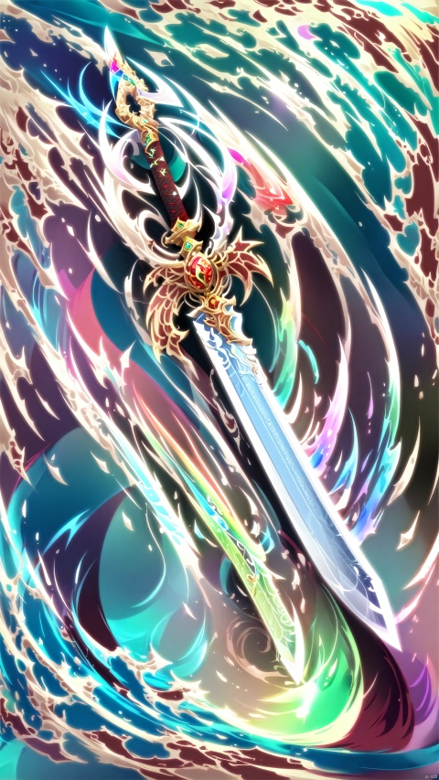 ancient mystical sword, highly detailed and intricate, gleaming blade, long blade more prism, no humans, more prism, vibrant color