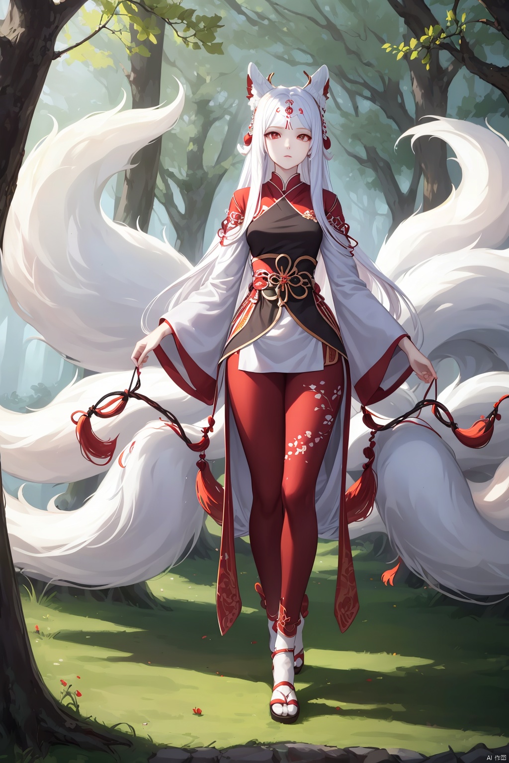  shanhaijing,a Nine-tailed fox,(9 tails:1.3),White fur,In the strange woods, the branches twist strangely,full body,3/4 profile image,wide-angle lens,panoramic view