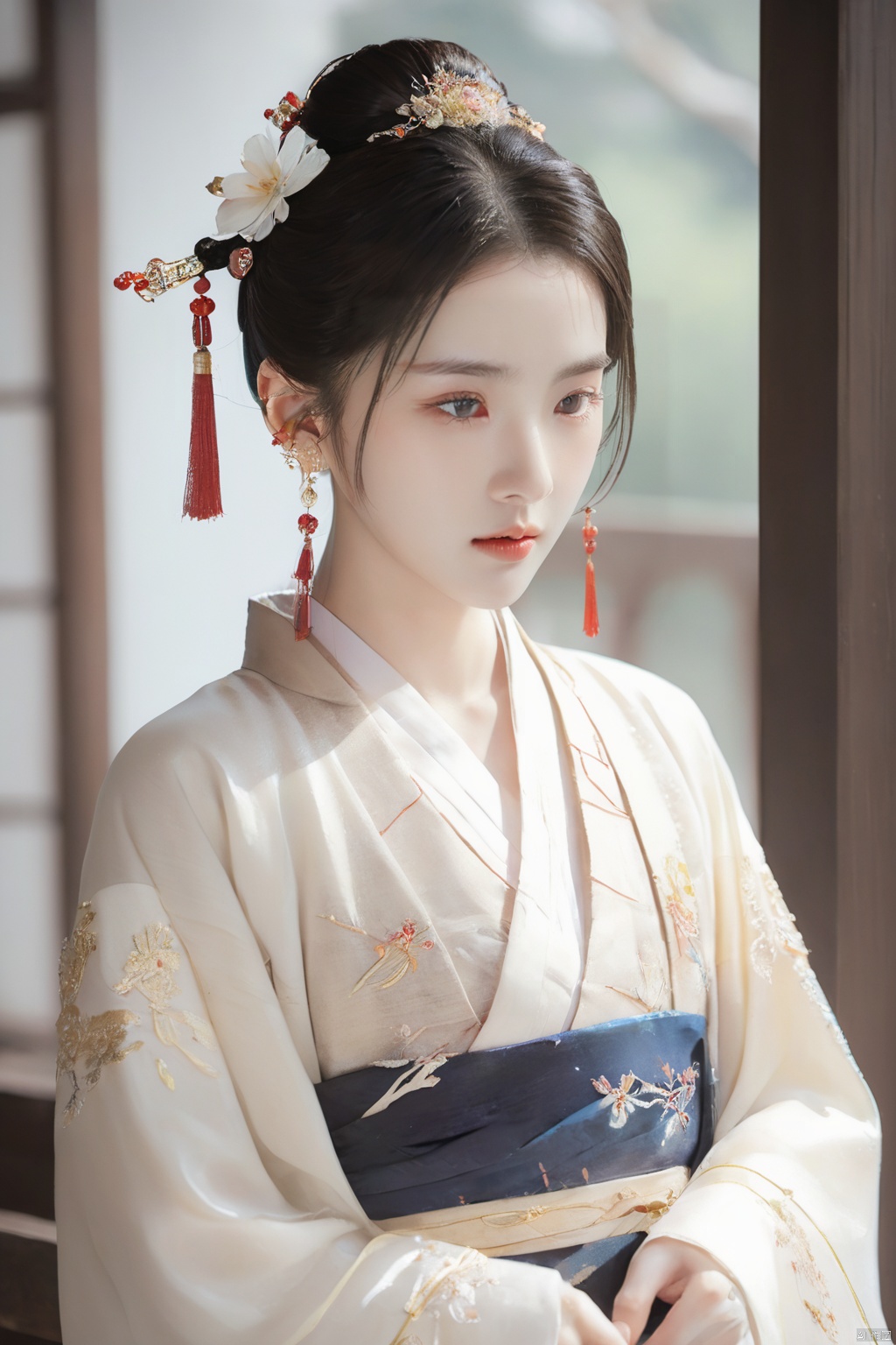  1.3, Masterpiece, Highest Quality, High Resolution, Details: 1.2, 1 Girl, Bun, Hairpin, Beautiful Face, Delicate Eyes, Tassel Earrings, Necklaces, Bracelets, Hanfu, Su Embroidered Hanfu, Streamers, Ribbons, Elegant Stand Posture, Aesthetics, Movie Lighting, Ray Tracing, Depth of Field, Layering,Fluttering, Hanfu, qingsha
Negative Prompt：ugly, tiling, poorly drawn hands, poorly drawn feet, poorly drawn face, out of frame, extra limbs, disfigured, deformed, body out of frame, bad anatomy, watermark, signature, cut off, low contrast, underexposed, overexposed, bad art, beginner, *******, distorted face