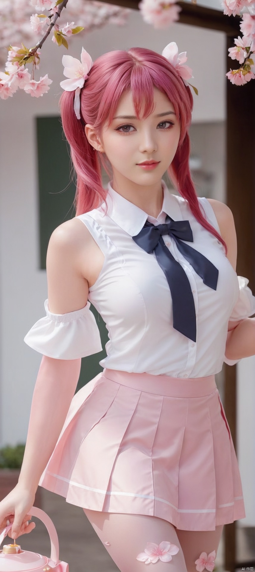 1girl,Solo,Pink hair,Pink eyes,Twin tails,Food-themed ornaments,cherry ornament,(cherry blossom print),Sleeveless,Sleeveless shirt,Parted sleeves,White shirt,Pink tie,Petals,Pink skirt,Rim light,pink pantyhose,bare shoulders,pink sleeves