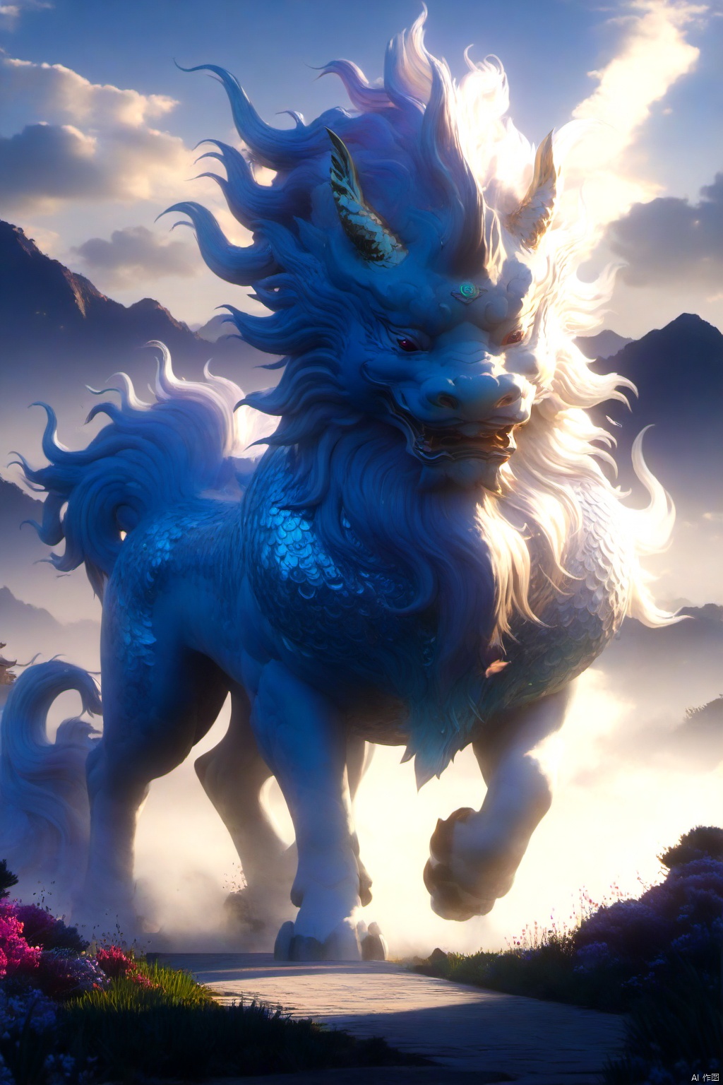  masterpiece,best quality,
The qilin is majestic, its body sleek and graceful, adorned with shimmering scales that glint in the sunlight. Its horn is long and spiraled, its eyes wise and kind. As it moves, the ground beneath its hooves bursts into bloom, flowers and grass springing up in its wake, creating a verdant path wherever it goes.，blue