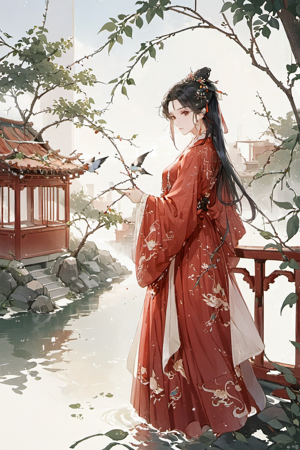  1girl, solo, long hair, black hair, hair ornament, long sleeves, dress, holding, closed mouth, standing, full body, outdoors, water, hair bun, from side, tree, bird, leaf, chinese clothes, red dress, single hair bun, building, railing, branch, architecture, east asian architecture, hanfu