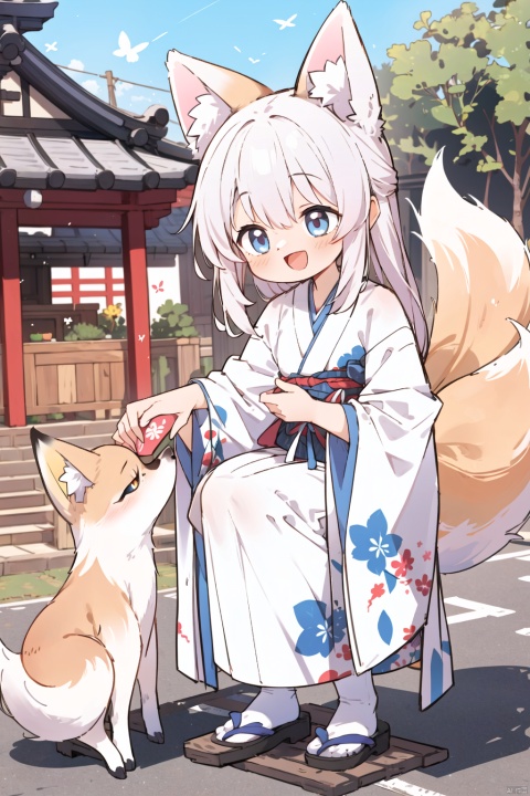 Masterpiece, best quality, ultra detailed, extremely detailed, 1girl, fox, ((girl petting a fox:1.3)), animal, animal fox, long hair, silver_hair, (((petite))), fox_ears, animal ears, tail, fox tail, smile, :D, japanese_clothes, japanese_background, architecture, frills, outdoors, kawaiitech, pastel colors, kawaii, cute colors