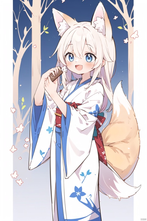 Masterpiece, best quality, ultra detailed, extremely detailed, 1girl, fox, ((girl petting a fox:1.3)), animal, animal fox, long hair, silver_hair, (((petite))), fox_ears, animal ears, tail, fox tail, smile, :D, japanese_clothes, japanese_background, architecture, frills, outdoors, kawaiitech, pastel colors, kawaii, cute colors