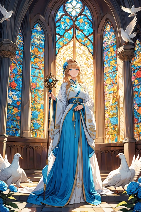 Masterpiece, sharph focus, best quality, ultra-detailed, vibrant acrylic color anime illustration, a merciful saintess with long golden hair and blue eyes, wearing a white robe and holding a jeweled staff, standing in the cathedral of the holy city, bathing in the sunlight from the stained glass, looking at the ceiling with a serene smile, surrounded by white doves and flowers. The scene is peaceful and holy, and the colors are bright and warm. The perspective is from the front, showing her full body and the majestic cathedral behind her. Simling 
BREAK 
delicate facial features, extremely detailed fine touch, lora:more_details:0.5, chinese clothes, hanfu, long sleeves, blue dress, hair flower, blue flower