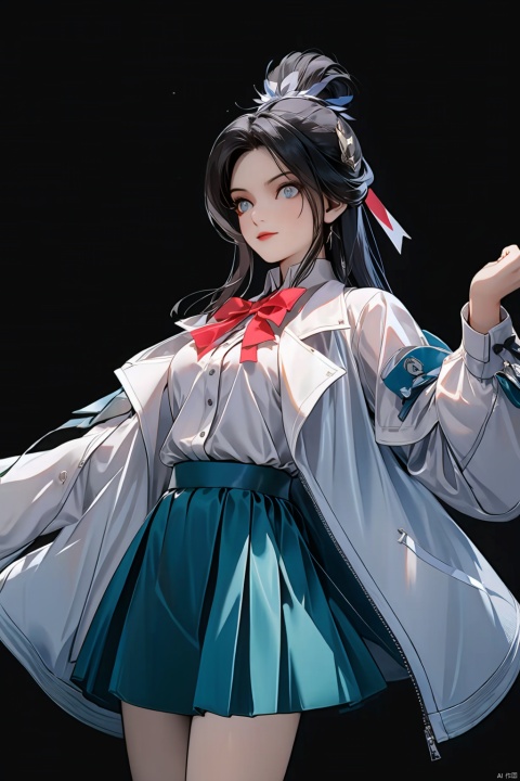  Long hair, light blue hair, pink streaks of hair, space bun hairstyle, flower hairpin, blue eyes, long-sleeve, button-up white shirt, a gray jacket with blue-green stripes, a red bow, dark blue-green pleated skirt, school background, add_detail:1, add_detail:0, add_detail:0.5