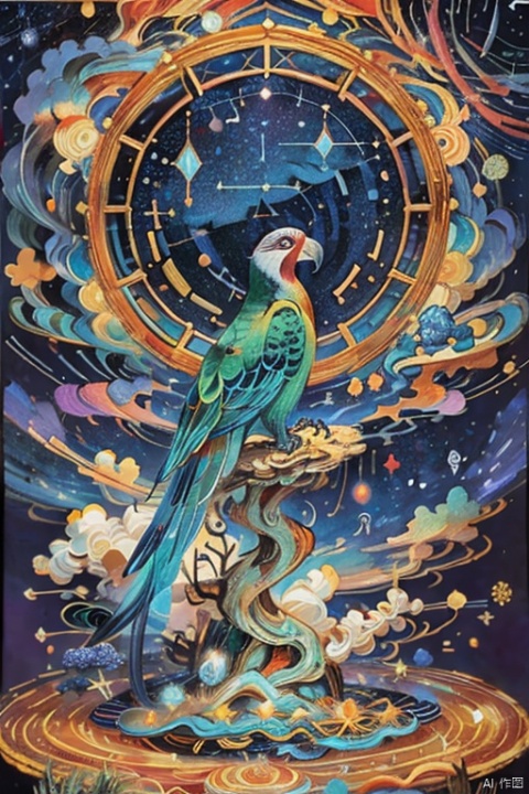  illustration of parrot, allure of starry night sky with myriad of twinkling stars, constellations, Milky Way, window art, glass painting, transparent designs, colorful patterns, light-filled displays, creative installations, temporary creations