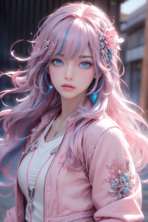 1girl, extremely detailed,8k, beautiful, detailed eyes,  (hair ornament, cube hair ornament, blue eyes, pink long hair, pink track jacket, bangs, hair between eyes), looking at viewer, close up, (elegant pose),strong dark colors, (depth of field), (dynamic), (epic),sharp focus, (intricate details), Full color, outdoor, cowboy shot