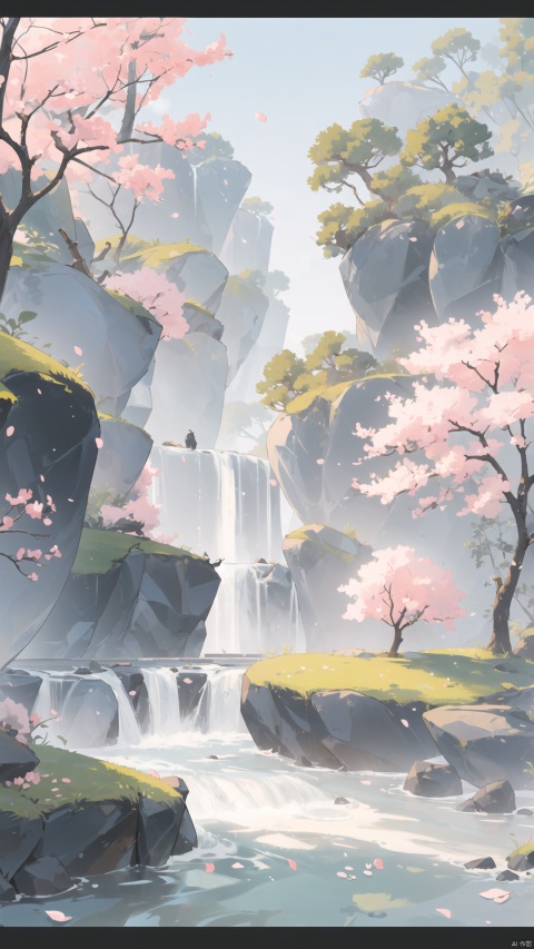 (Chinese landscape), abstract painting, (Zen, Amy Sol style), (spring, green tree, peach blossom, stream, Chinese style architecture), cover art with light abstraction, simple vector art, contemporary Chinese art, color gradients, soft color palettes, layered forms, whimsical animation, style Ethereal abstract, 4K