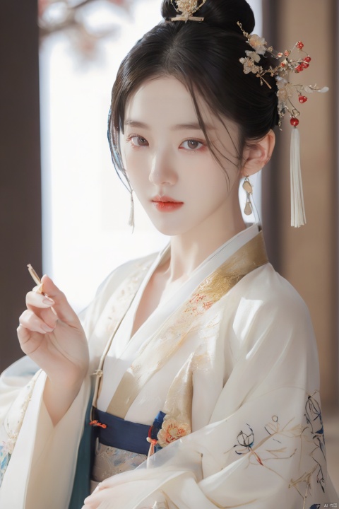  1.3, Masterpiece, Highest Quality, High Resolution, Details: 1.2, 1 Girl, Bun, Hairpin, Beautiful Face, Delicate Eyes, Tassel Earrings, Necklaces, Bracelets, Hanfu, Su Embroidered Hanfu, Streamers, Ribbons, Elegant Stand Posture, Aesthetics, Movie Lighting, Ray Tracing, Depth of Field, Layering,Fluttering, Hanfu, qingsha
Negative Prompt：ugly, tiling, poorly drawn hands, poorly drawn feet, poorly drawn face, out of frame, extra limbs, disfigured, deformed, body out of frame, bad anatomy, watermark, signature, cut off, low contrast, underexposed, overexposed, bad art, beginner, *******, distorted face