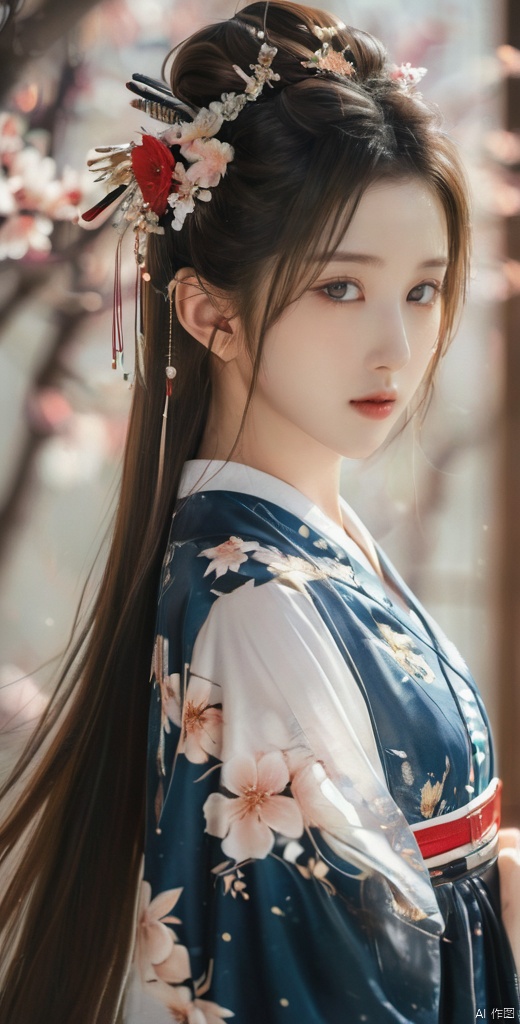 (((best quality))), ((ultra-detailed)), ((an extremely delicate and beautiful)), ((16k)), realistic, hd, cgi, gleaming hair, gleaming skin, gleaming clothes, flower background, watercolor, reflection, highlight and shadow, ray tracing, dynamic angle, 100+ cherry blossoms, scatter petals, vivid detailed floral pattern kimono, back shot, looking at viewer, asuna ba, light brown hair, blue eyes, very long hair, hair over one eyes, halo, white shirt, pleated skirt, blue bowtie, school uniform, highleg leotard, blue leotard, playboy bunny, fake animal ears, bunny ears, bow, detached collar, thighband pantyhose