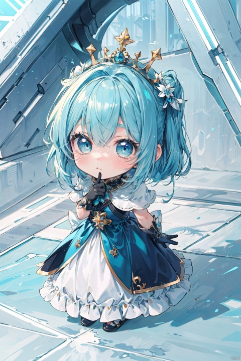 (artwork),(amazing work),(indirect linear lighting),(Chibi-cute studios),(Gif cute anime),(cute cute kawaii),(extremely detailed CG 8k unit wallpaper),1girl wearing cute dress,long blue hair with cute ruffled tiara,wearing silk gloves,white skin,green blue eyes,(cute kawaii)