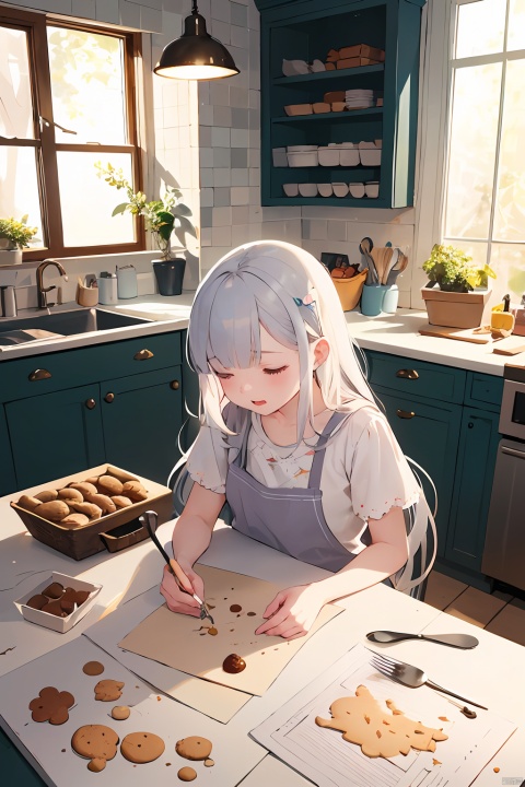 A colorful and detailed illustration of a girl baking homemade cookies in a warm and cozy kitchen,with bright lighting,soft pastels,and hand-drawn details by Akihiko Yoshida and Michael Park,featuring a variety of baking ingredients and utensils,trending on Artstation and Pinterest