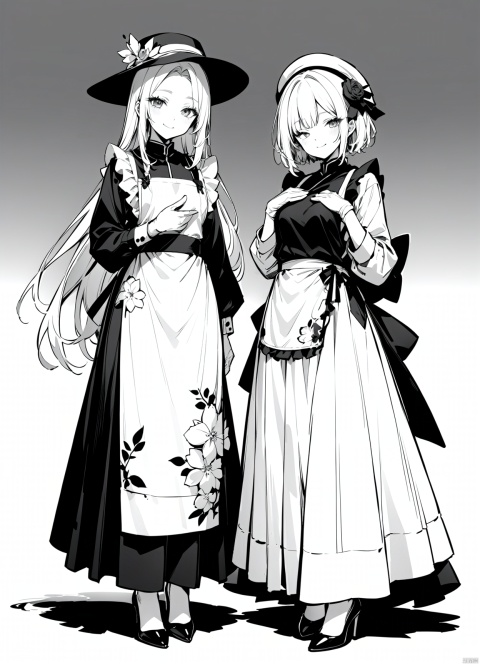 2girls, apron, black_headwear, closed_eyes, closed_mouth, dress, facing_viewer, floral_print, floral_print_apron, full_body, gloves, gradient_background, greyscale, hand_on_own_chest, hand_on_own_face, hat, high_heels, holding, long_hair, long_skirt, long_sleeves, looking_at_viewer, monochrome, multiple_girls, nakko_(7nt5ta), parted_bangs, ribbon, scroll, short_hair, skirt, smile, standing, white_background, white_headwear, best quality, masterpiece, nai3