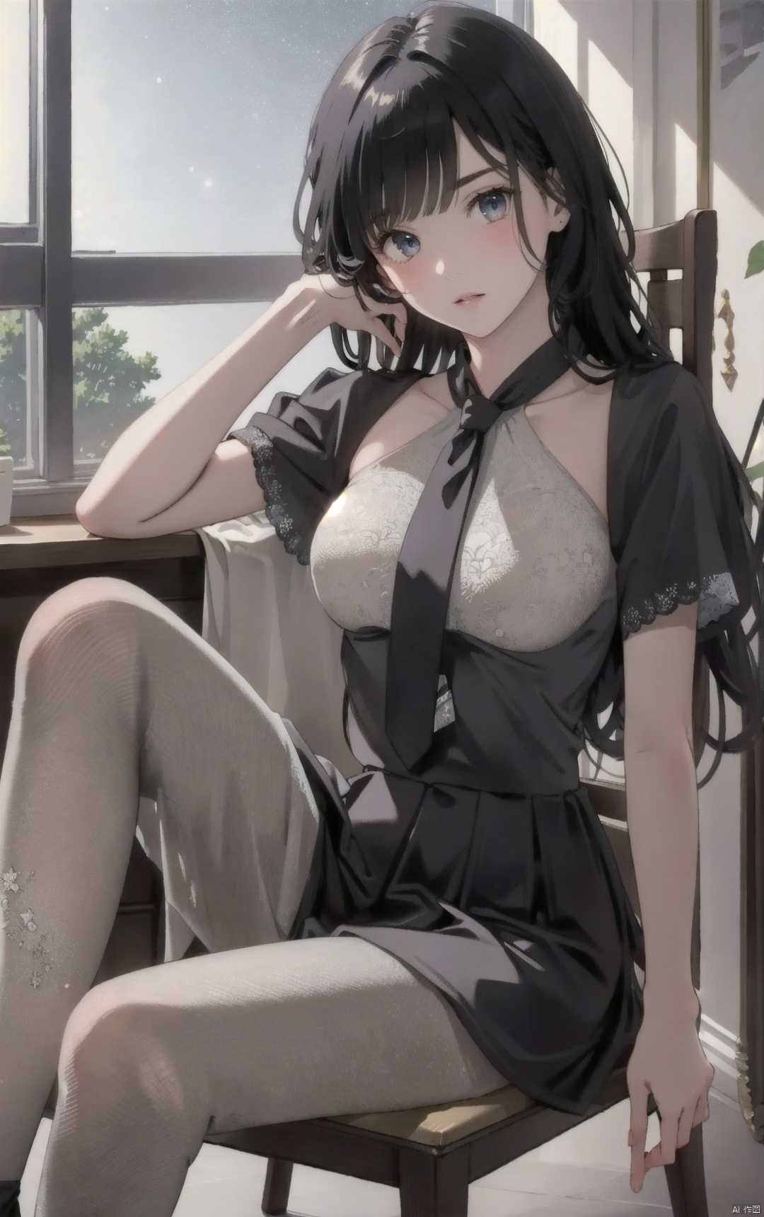 1girl,((masterpiece)), (photorealistic:1.4),solo,queen's chair, night, night sky, office shot, formal dress, bodysuit, black dress,black skirt, black Pantyhose, royal shoes, black hair, sitting on chair, game cg,The room has windows,Only one person,single,beauty face,divine goddess, shiny skin, skindentation, lace