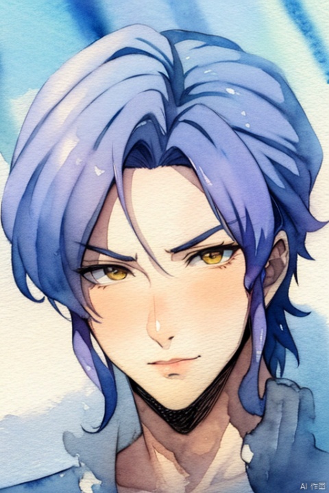 boy, purple hair, portrait, perfect face, blue shirt, ((watercolor:1.2)), asian, yellow 
 eyes
