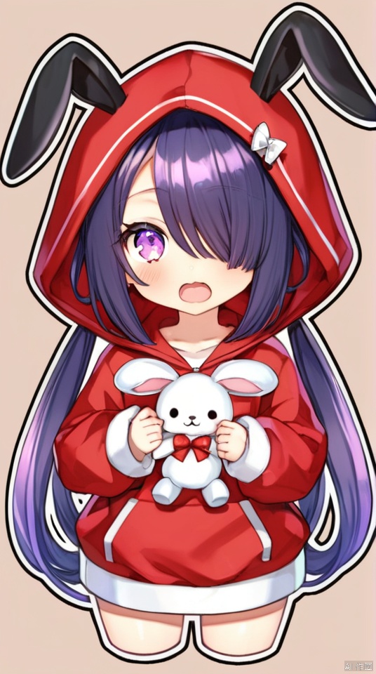  1girl, ame-chan_(needy_girl_overdose), animal_hood, animated, awayuki_(awyk_1), black_hair, bow, brown_background, character_doll, chibi, commentary_request, doll, hair_ornament, hair_over_one_eye, holding, holding_doll, hood, hood_up, hoodie, long_hair, looking_at_viewer, needy_girl_overdose, official_alternate_costume, open_mouth, outline, pill, purple_eyes, purple_hair, rabbit_hood, red_hoodie, solo, twintails, upper_body, video, white_bow, white_outline, x_hair_ornament, autoappealing, autoappealingdb, best quality, masterpiece, nai3