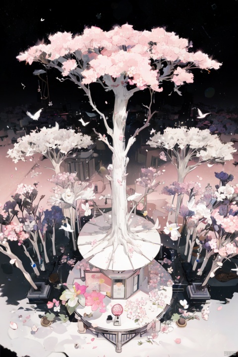 (official art, 8k wallpaper, ultra detailed, High quality, best quality),white flowers ,1girl,from above,bird's-eye_view,vintage filter,among flowers, backlight,limited_palette,white,field s of flowers，Pink glowing_glass sculpture of a Sakura tree, on a nightstand, depth of field, fisheye,