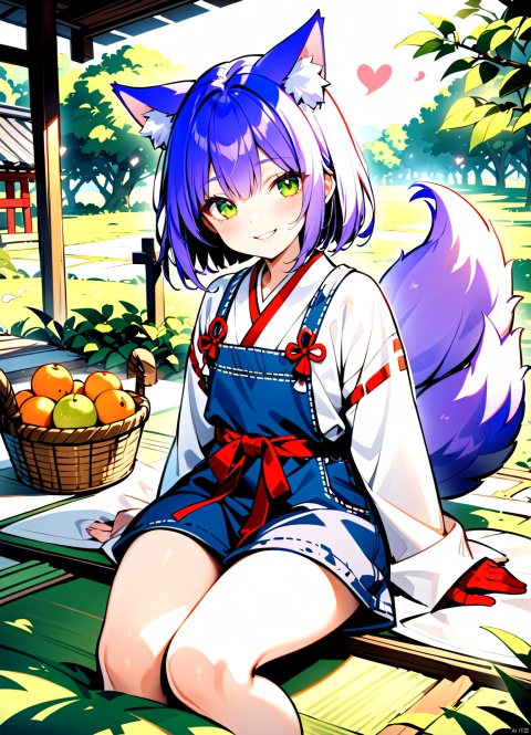  1girl, 400yo, miko, solo, sitting on the floor, grasping knees, slouch, smirk, head tilt, Japanese shrine maiden clothes, sleeves past wrists, golden longhair, red eyes, upturned eyes, fox ears, 9+ golden fox tails, indoor, tatami,9+tails，(female): solo, (perfect face), (detailed outfit), (20 years old), (chibi), (((heart:1.3))), fruit farmer, (cat ears:1.2), happy, smiling, (dancing), purple hair, short hair, bob cut hair, green eyes, light skin, (denim overalls), (rubber boots), straw hat, (basket of fruits), (gardening gloves)

(background): from front, outdoor, orchard, (fruit trees), (ladder), (baskets), (birds), morning, sunny

(effects): (masterpiece), (best quality), (sharp focus), (depth of field), (high res), more_details:-1, more_details:0, more_details:0.5, more_details:1, more_details:1.5