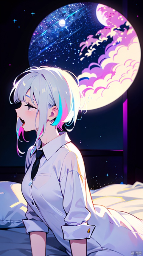  1girl, bird, solo, shirt, necktie, black necktie, white shirt, collared shirt, profile, long hair, upper body, black hair，Brilliant Colorful Paintings, illustration,ligne claire,(dreamy),(colorful:1.3),perfect composition, Original Characters, ((((Yawn))), comfutable, Cute Fangs, Windswept Disheveled White Hair, Girl In Loose Pajamas, Sitting On Bed With Soft Pillows, Behind is A Huge Moon And A Sea Of Stars, (Long white Hair:1.1), (close Eye), Masterpiece, Natural Volumetric Lighting And Best Shadows, Deep Depth Of Field, Sharp Focus, Portrait Of Stunningly Beautiful Petite Girl, Soft Delicate Beautiful Attractive Face With Alluring Black Eyes, Lovely Small Breasts, Sharp Eyeliner, Bloom, Picturesque