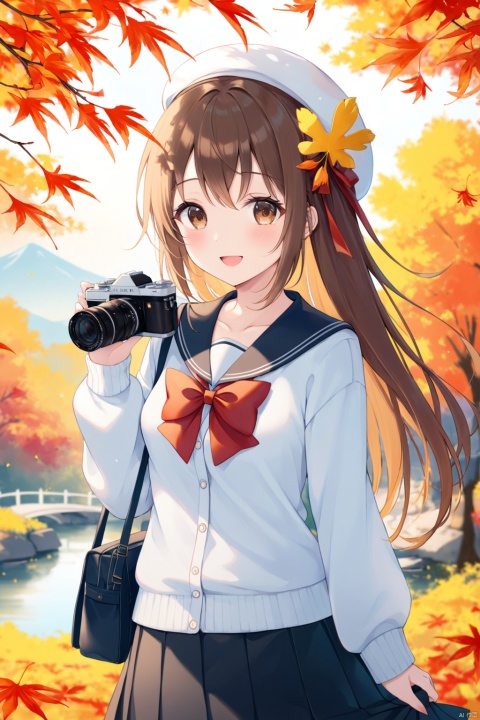  masterpiece, best quality, 1girl, skirt, sailor collar, holding, smile, pleated skirt, hat, school uniform, solo, camera, long hair, off shoulder, shirt, bag, brown eyes, blurry, :d, bangs, serafuku, black sailor collar, holding camera, black skirt, autumn leaves, white headwear, white shirt, leaf, long sleeves, open clothes, open mouth, puffy long sleeves, blush, looking at viewer, ginkgo leaf, animal, blurry foreground, depth of field, cardigan, animal on shoulder, squirrel, blurry background, bow, beret, brown hair, black bow, puffy sleeves, open cardigan, hair between eyes, autumn, shoulder bag, hair ribbon, ribbon, white cardigan, maple leaf, outdoors, collarbone, falling leaves,(Chinese landscape),abstract painting,Zen,Amy Sol style,Green trees,flowers,Chinese style architecture,cover art with light abstraction,simple vector art,contemporary Chinese art,color gradients,soft color palettes,layered forms,whimsical animation,style Ethereal abstract,4K