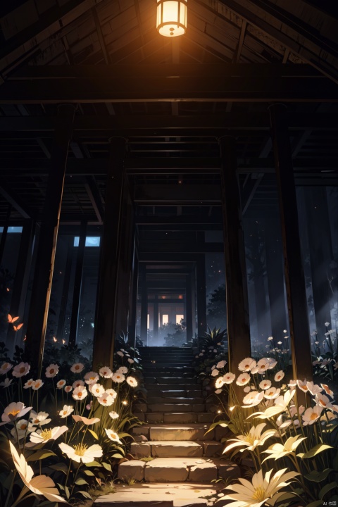 Masterpiece, best quality, 8K, high res, ultra-detailed, no humans, beautiful view, ultra -detailed, fine detailed, highly detailed, intricate, highly detailed, ultra-detailed, scenery, misty atmosphere, solitary, intricate details, delicate features, deep forest, wisps of light, pristine, japanese temple, mysticism, night, red lanterns burning, fireflies, fiery butterflies, gloomy atmosphere, temple in the forest, mossy stairway in the temple, mysterious forest, dilapidated temple, sanctuary, will-o'-the-wisps, dilapidated temple, field of spider lily flowers, wild nature oil painting