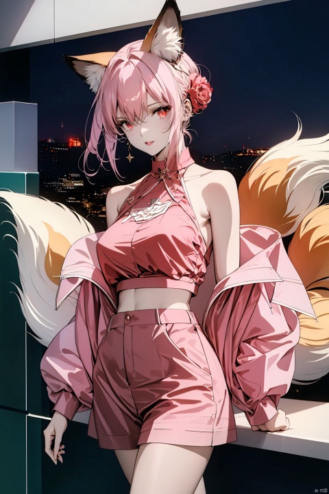 dynamic angle, wide shot, ((Pink light:1.2)), mature female, light pink hair, red crimson  eyes, fox ears, red fox tails, ((night:1.2)), cowboy shot, ((red and pink atmosphere:1.0)), glowing fox tails, ((9 tails:1.2)), red body glow, beautiful face, masterpiece, best quality, extremely detailed cg unity 8k wallpaper, high-quality, ultra-detailed, depth of field, illustration, beautiful detailed wallpaper, accurate anatomy to hands and fingers, mksks, Art Style 2.0, starrystarscloudcolorful, lora:more_details:0.5