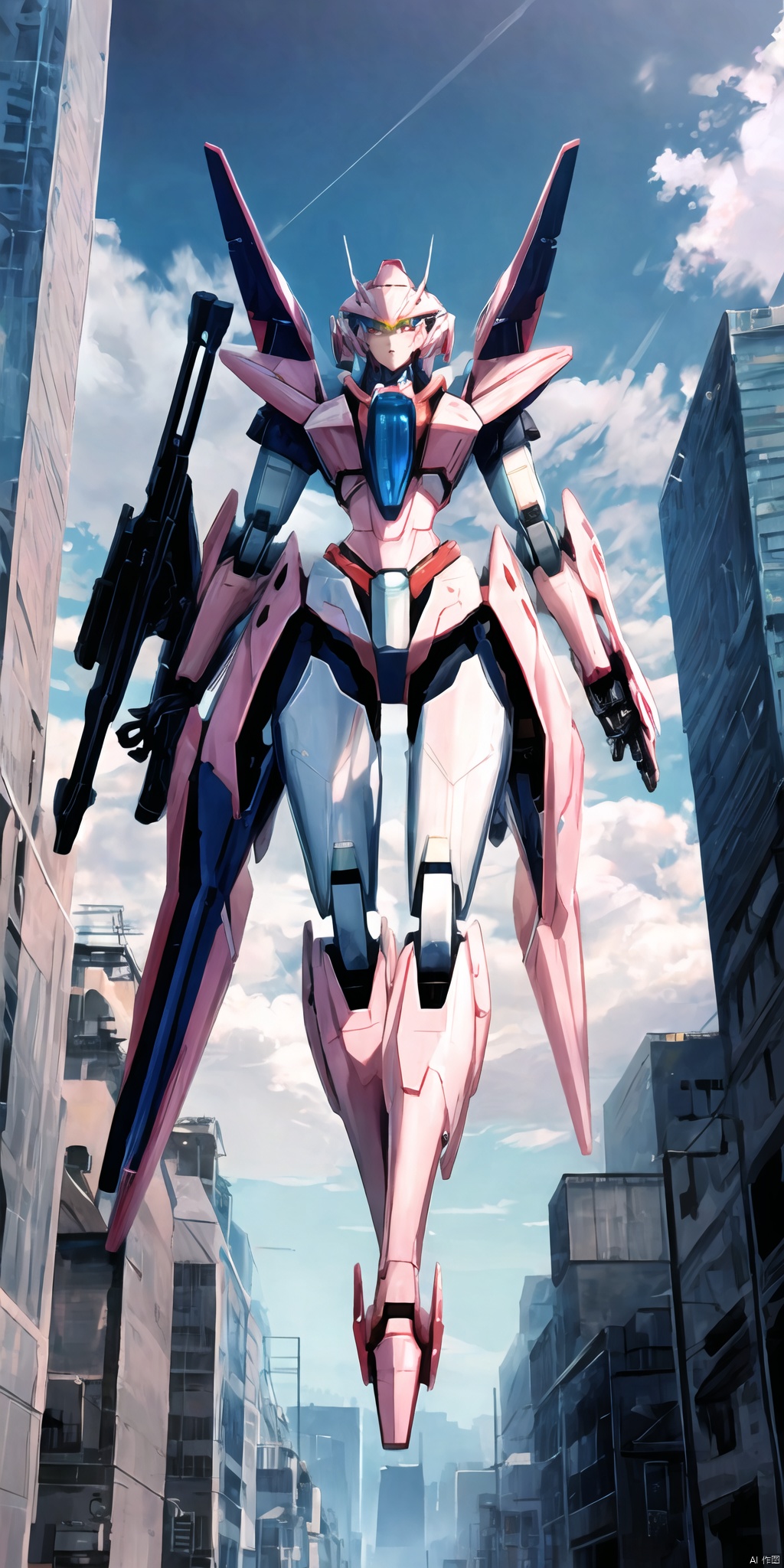 sky,cloud,holding weapon,no humans,glowing,robot,building,glowing eyes,mecha,science fiction,city,realistic,light pink mecha