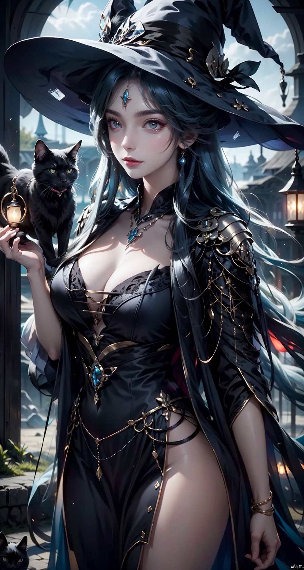 1girl ,Witch,Petting a black cat,Wearing a mysterious black necklace,At the secret base. Moreover,The witch is surrounded by a magical aura,Her skin shows pale and mysterious tones