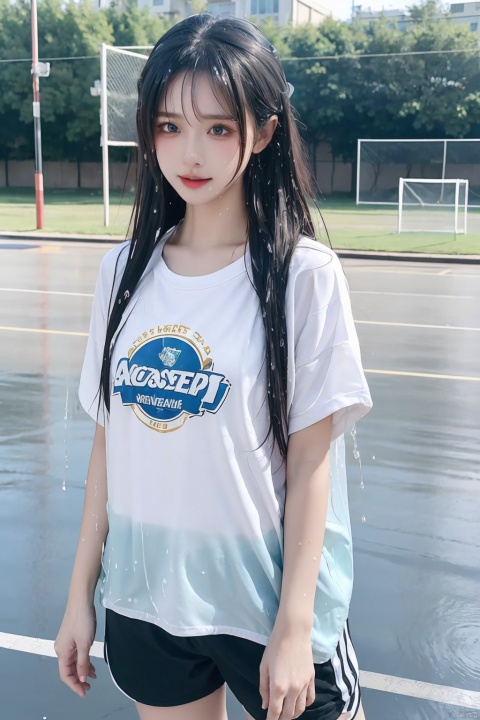 （（（（brassiere showing through wet sports white t shirt that is wet from sweat, school sports shorts, jogging around schoolyard, a face distorted by tired, sweat, black medium hair, messy hair, cute））））（masterpiece, high quality, best quality, 8k, more details)