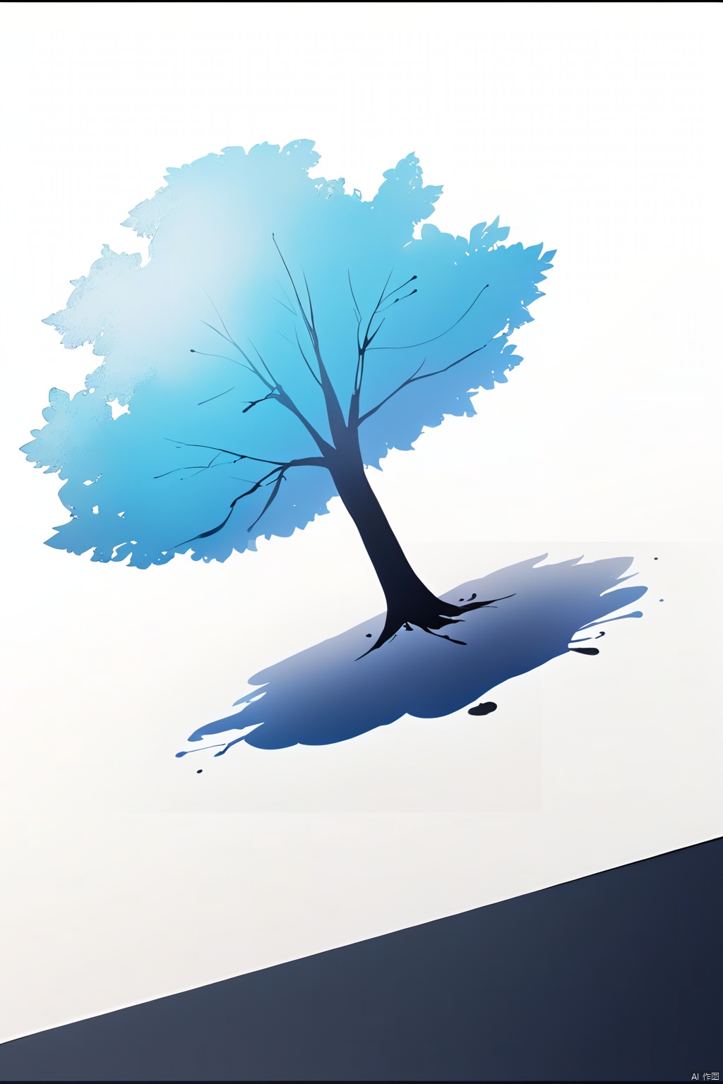  
/I Foreground a tree, Chinese beauty holding an umbrella, cyan and white color matching, ink painting minimalist style, large white space, tulle translucent material, soft gradient, perspective aesthetics