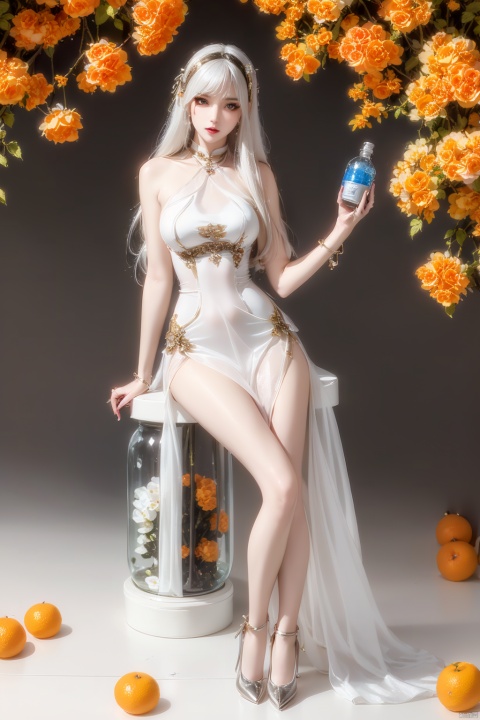  orange theme ,(flowers background:1.45),(transparent background:1.3)(an extremely delicate and beautiful girl inside of glass jar:1.2), (glass jar:1.35),(solo:1.2), (full body), (beautiful detailed eyes, beautiful detailed face:1.3), (sitting ), (very long silky hair, float white hair:1.15), (medium_breasts, tally and skinny:1.2), (Colorful dress:1.3), (extremely detailed lace:0.3), (insanely detailed frills:0.3),(hairband , orange hair_ornament:1.25),orange cans,water surface,full body,kneeing,(bottle filled with orange water,bottle filled with Fanta:1.25), (many fruits in jar, many Sliced_fruits in jar:1.25), (many bubbles:1.25),