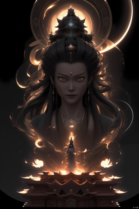  epic film still of Sakyamuni in the swirl cloud in the night storm, cinematic,in the style of vray tracing, bronze and black, storybook illustrations, twisted characters, fluid, dynamic balance, highly detailed