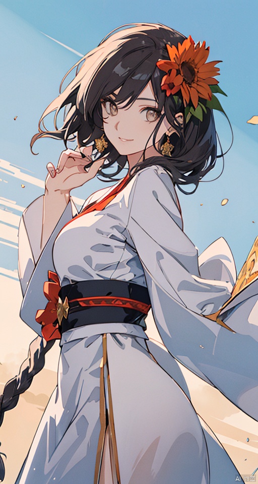  1girl, solo, brown hair, hair ornament, braid, long hair, wide sleeves, looking at viewer, brown eyes, jewelry, hair flower, long sleeves, sash, dress, mischevious smile, perfect body, scenery, sharp focus, best quality, masterpiece, detailed outfit, illustration, perfect eyes, finely detailed beautiful anime eyes, realistic skin, intricate details, best lighting, depth of field, ultra high resolution,cowboy_shot, dynamic pose, dynamic angle,