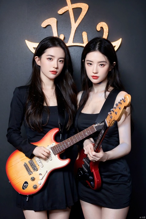 two girls, electric guitar of Rune text motif, electric guitar of Gaelic text motif