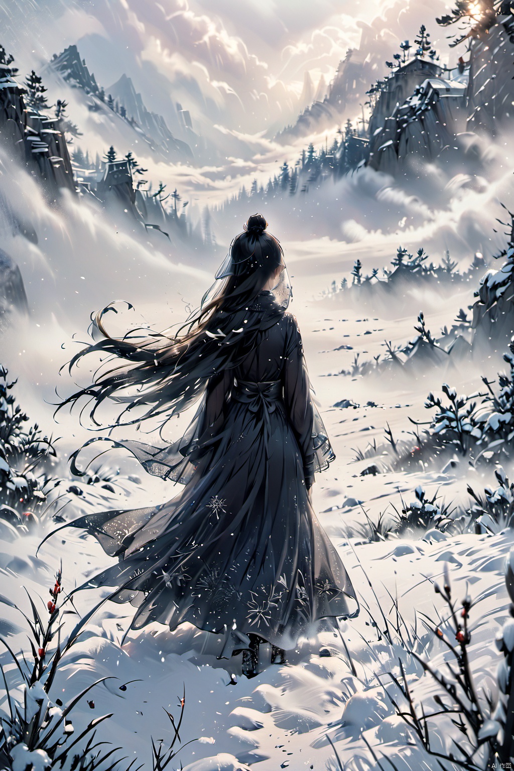  Amidst a raging blizzard, a solitary figure stands resilient in a snow-covered field, viewed from behind. The girl's silhouette is barely discernible through the thick veil of swirling snowflakes. Despite the intensity of the storm, there's an aura of serenity and strength emanating from her presence, as she stands amidst the chaotic beauty of the blizzard's embrace. The field of view captures the vastness of the wintry landscape, emphasizing the girl's solitary stance against the elements, more_details:-1, more_details:0, more_details:0.5, more_details:1, more_details:1.5