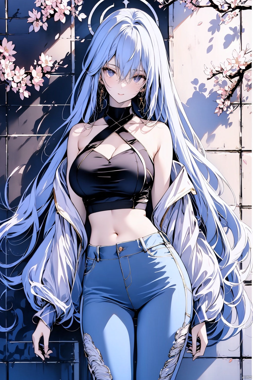 beautiful_long_green_hair, beautiful_purple_eyes, 1_beautiful_girl, cute_face, perfect_quality, perfect_anatomy, masterpiece, one-shoulder top, Skinny jeans, brown_boots, lora:more_details:0.5, cherry blossoms, beautiful