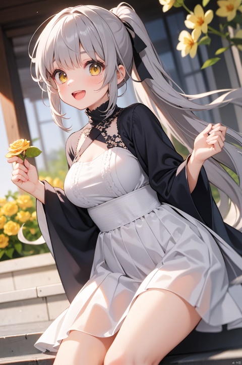  1girl, solo, long hair, breasts, looking at viewer, blush, smile, open mouth, bangs, long sleeves, dress, ribbon, holding, medium breasts, very long hair, hair ribbon, yellow eyes, ponytail, flower, :d, grey hair, outdoors, puffy sleeves, white dress, blurry, see-through, depth of field, blurry background, rose, white ribbon, puffy long sleeves, stairs, yellow flower, holding flower, yellow rose,cartoon of a mostly white tabby cat with yellow eyes