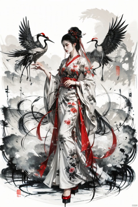  a girl,xianjing,hanfu,crane,full body, Ink scattering_Chinese style