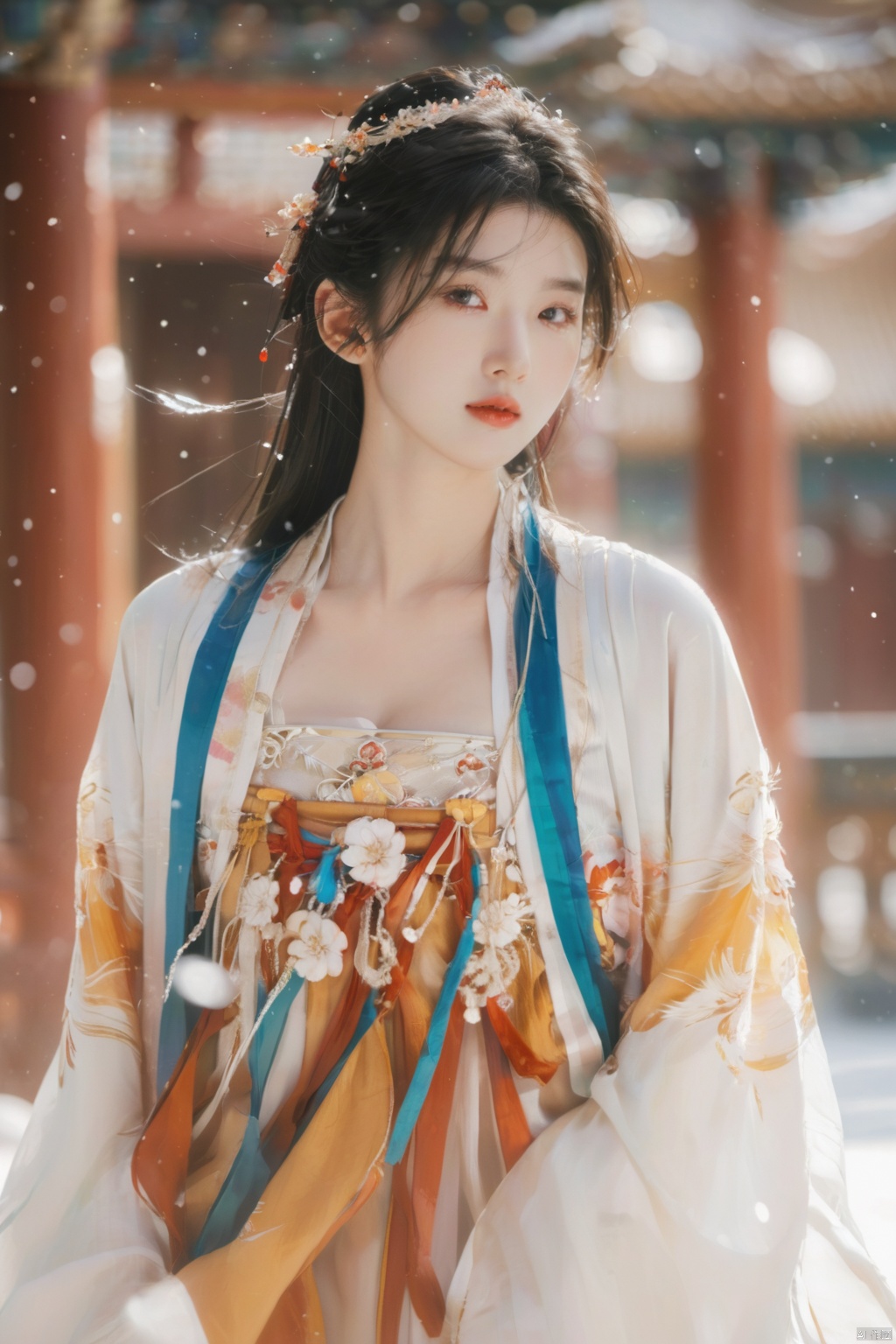  arien_hanfu,1girl,(Masterpiece:1.2), best quality, arien_hanfu,1girl, (falling_snow:1.3), looking_at_viewer,(big breasts:1.88), (plump breasts:1.7),(Tube top Hanfu:1.2),hand101,full body, 1girl
In this masterpiece artwork of the highest quality (Masterpiece version 1.2), an Arien woman dressed in a modernized hanfu style featuring a tube top design (Tube top Hanfu: 1.2) is depicted (arien_hanfu, 1girl). Against a backdrop of falling snowflakes (falling_snow: 1.3), she gazes directly at the viewer (looking_at_viewer), creating a distinct and profound sense of engagement.

The female figure in the painting possesses generously proportioned attributes, characterized by larger-than-average breasts (big breasts: 1.88) and plumpness (plump breasts: 1.7), which harmoniously complement her form-fitting upper garment in traditional Chinese attire.

The composition presents a full-body portrait (full body), with intricate attention given to the detail of the woman's hands identified as hand101,