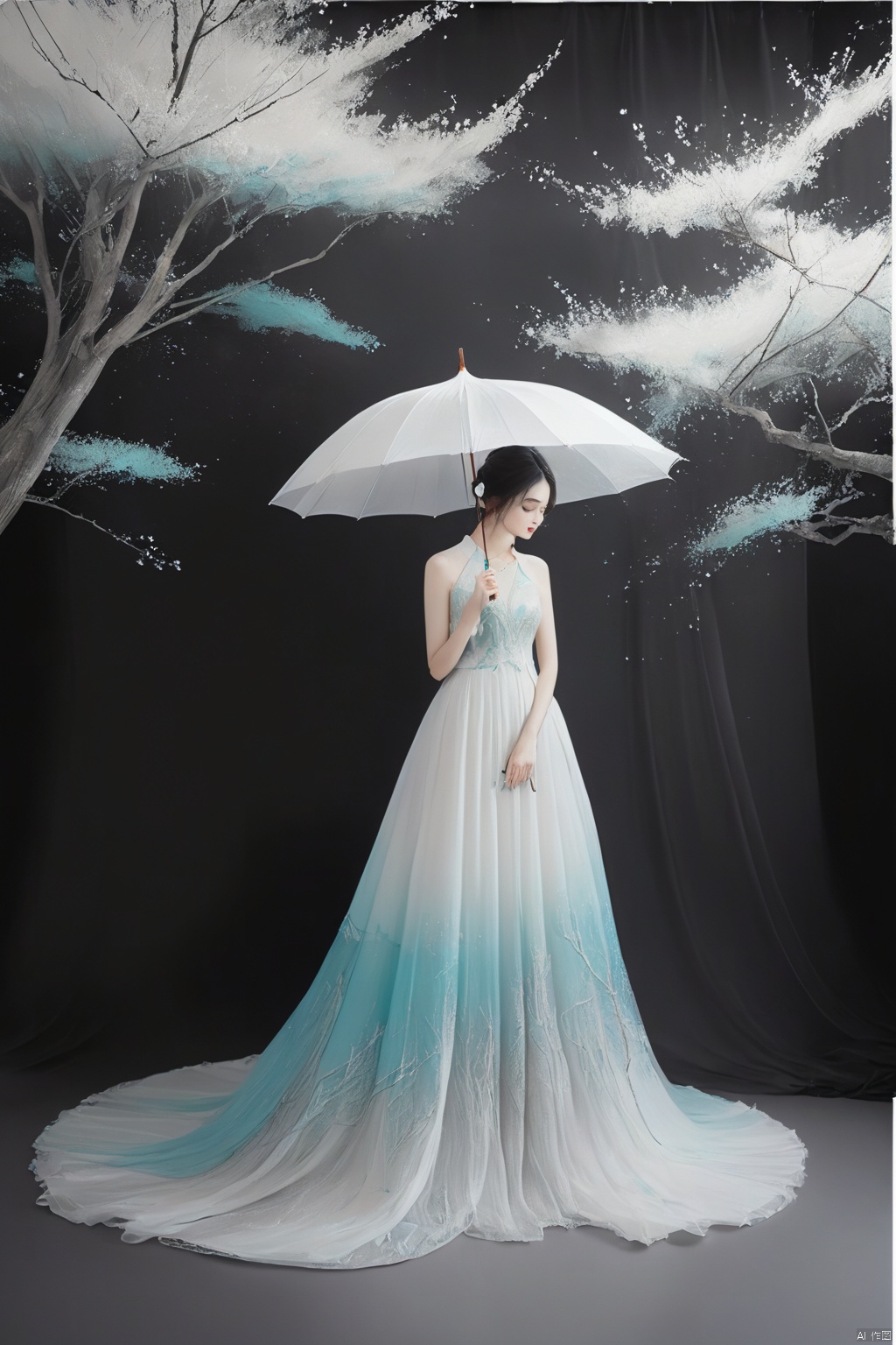  
/I Foreground a tree,  Chinese beauty holding an umbrella, cyan and white color matching, ink painting minimalist style, large white space, tulle translucent material, soft gradient, perspective aesthetics